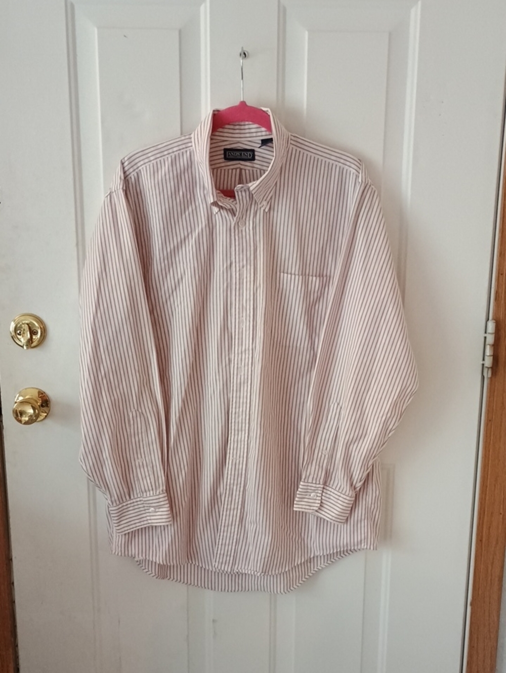 Men’s Lands' End Long Sleeve Button-Down Shirt - White with Red Stripes